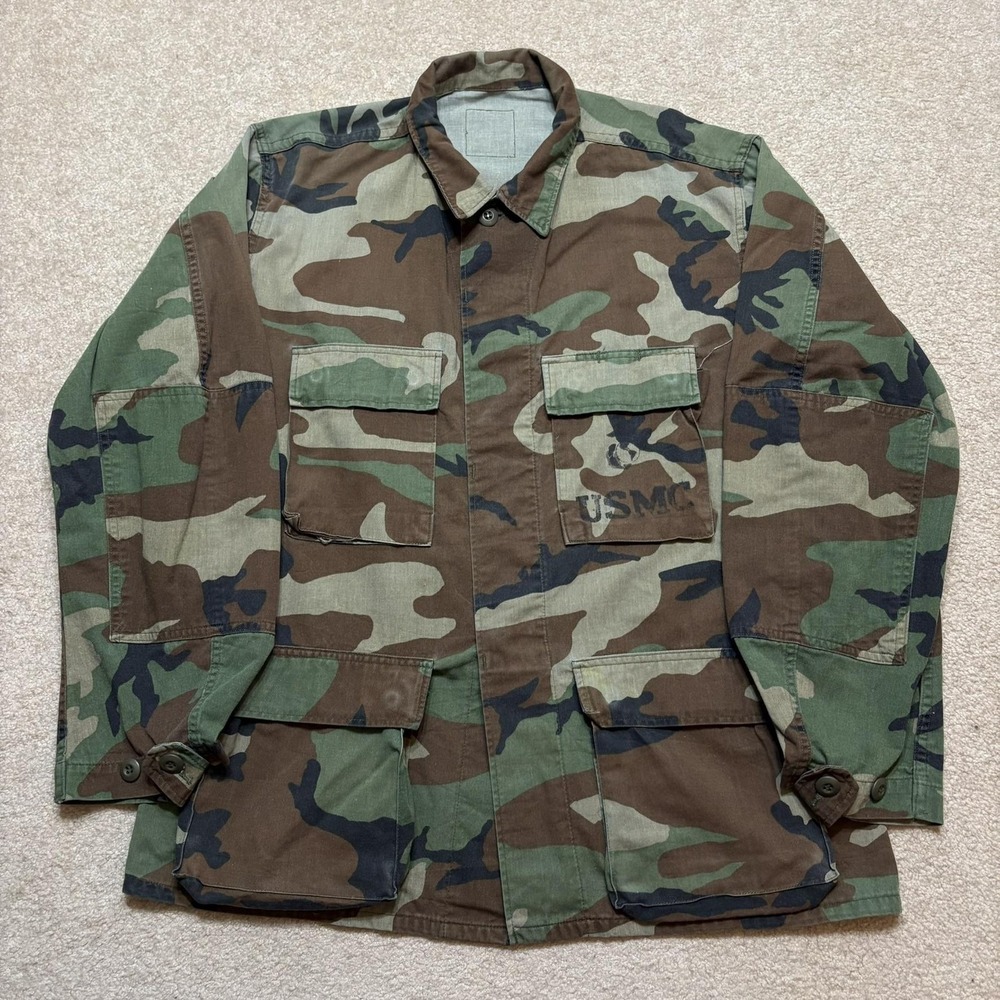 Vtg USMC Woodland Camo BDU Jacket Mens Large Military Stenciled 80s Marines